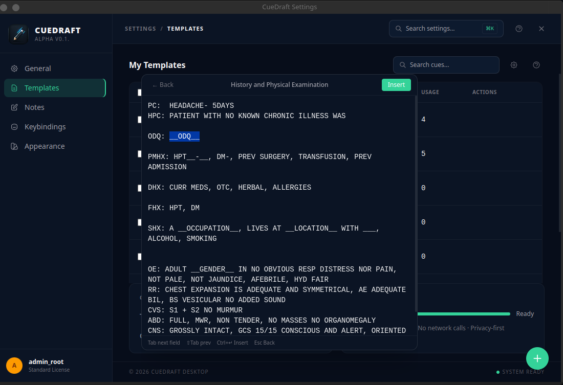 CueDraft template picker interface